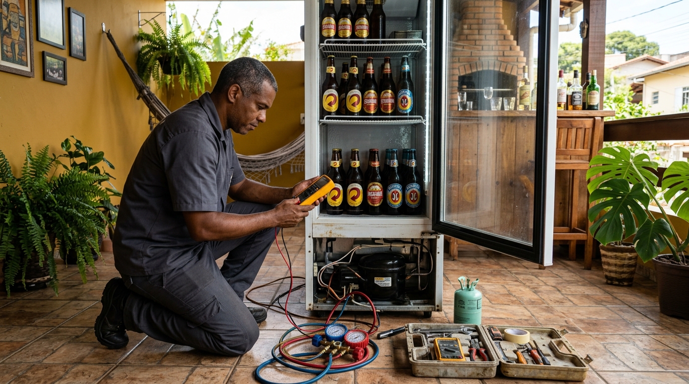 Placa eletrônica de cervejeira em reparo na bancada em Campos dos Goytacazes‑RJ