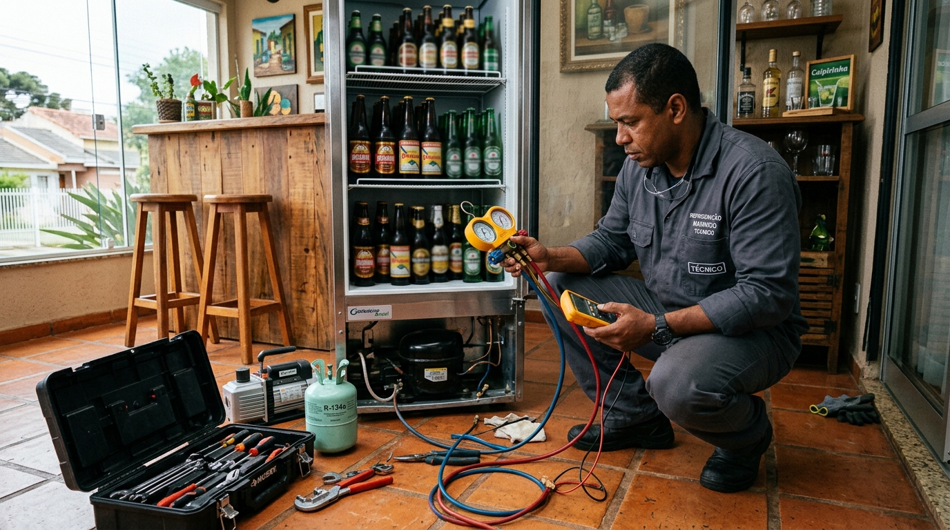 Técnico revisando o motor de uma cervejeira durante chamado em Campos dos Goytacazes‑RJ