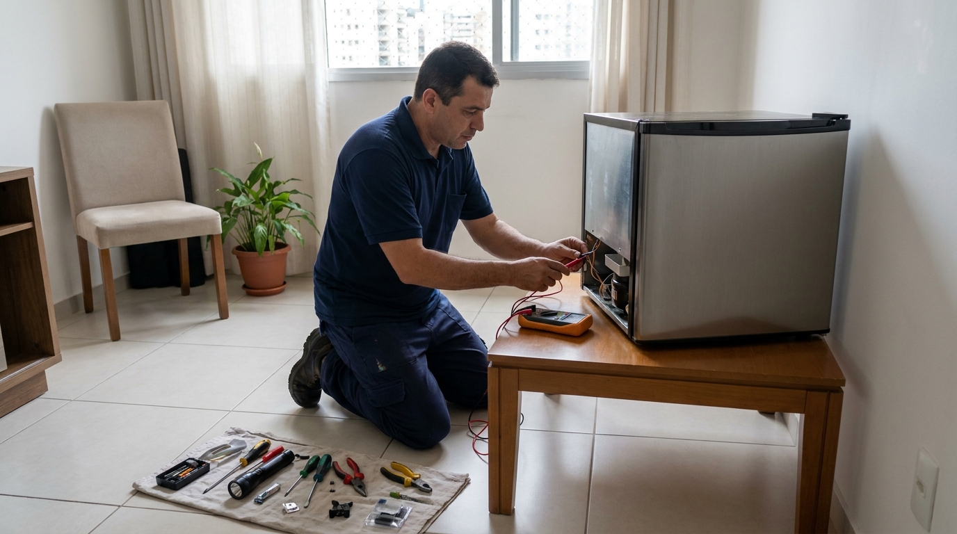 Técnico revisando o motor de um frigobar em Campos dos Goytacazes‑RJ