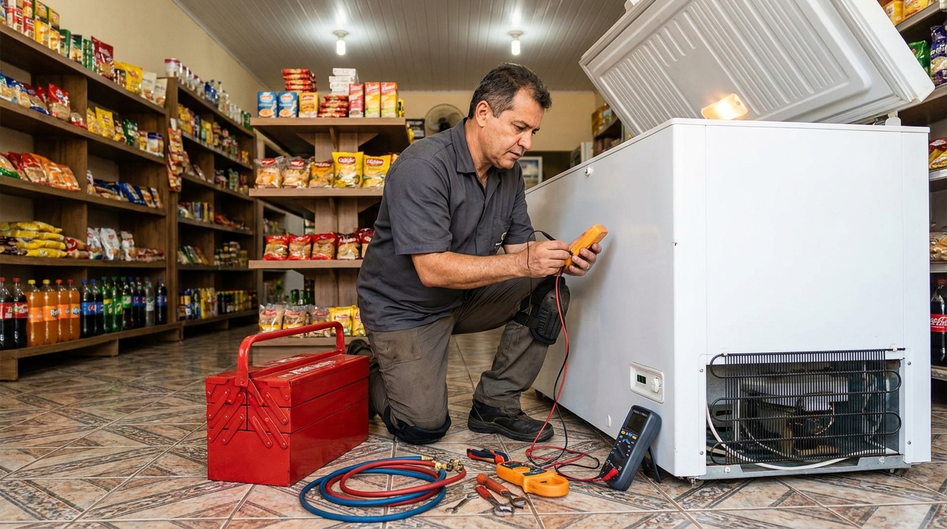 Manômetro conectado ao circuito durante recarga de gás de freezer em Campos dos Goytacazes‑RJ