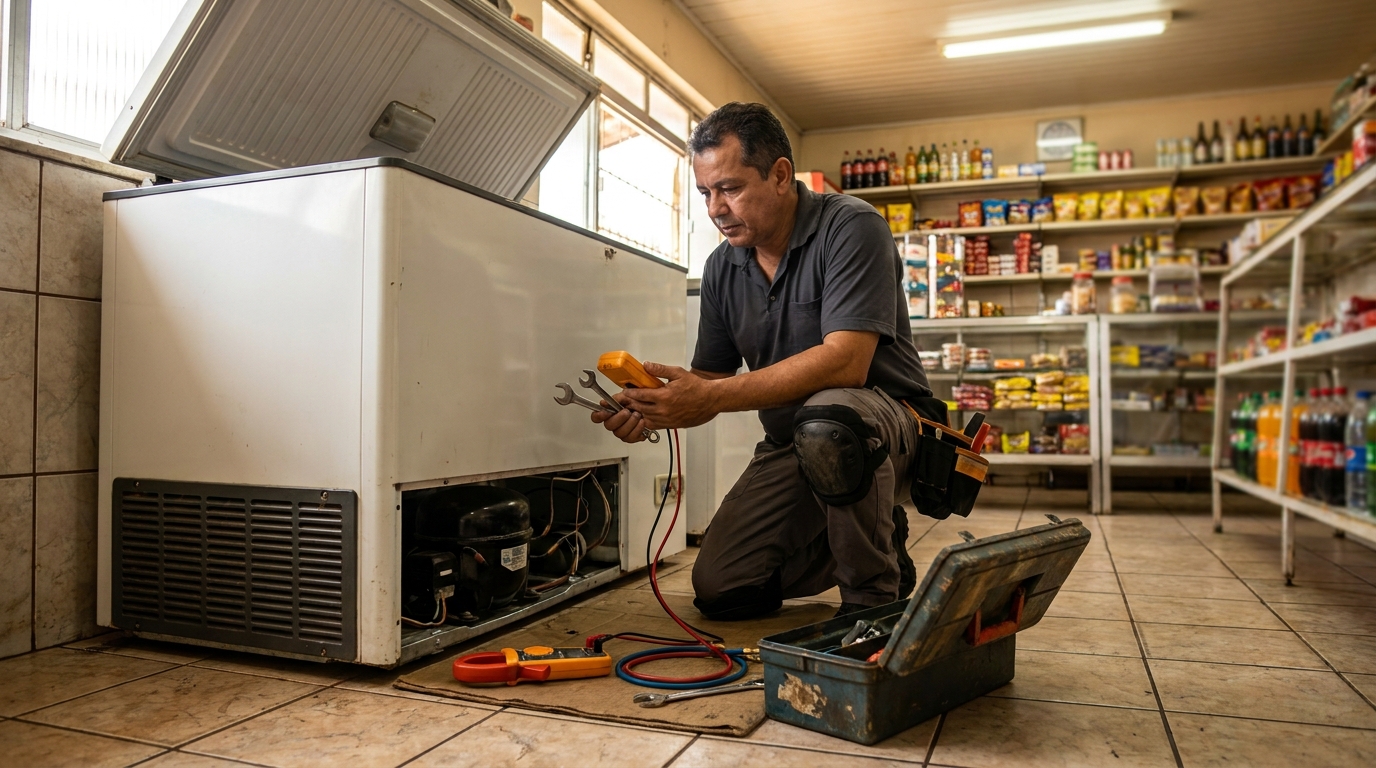 Técnico avaliando um freezer vertical durante atendimento em Campos dos Goytacazes‑RJ